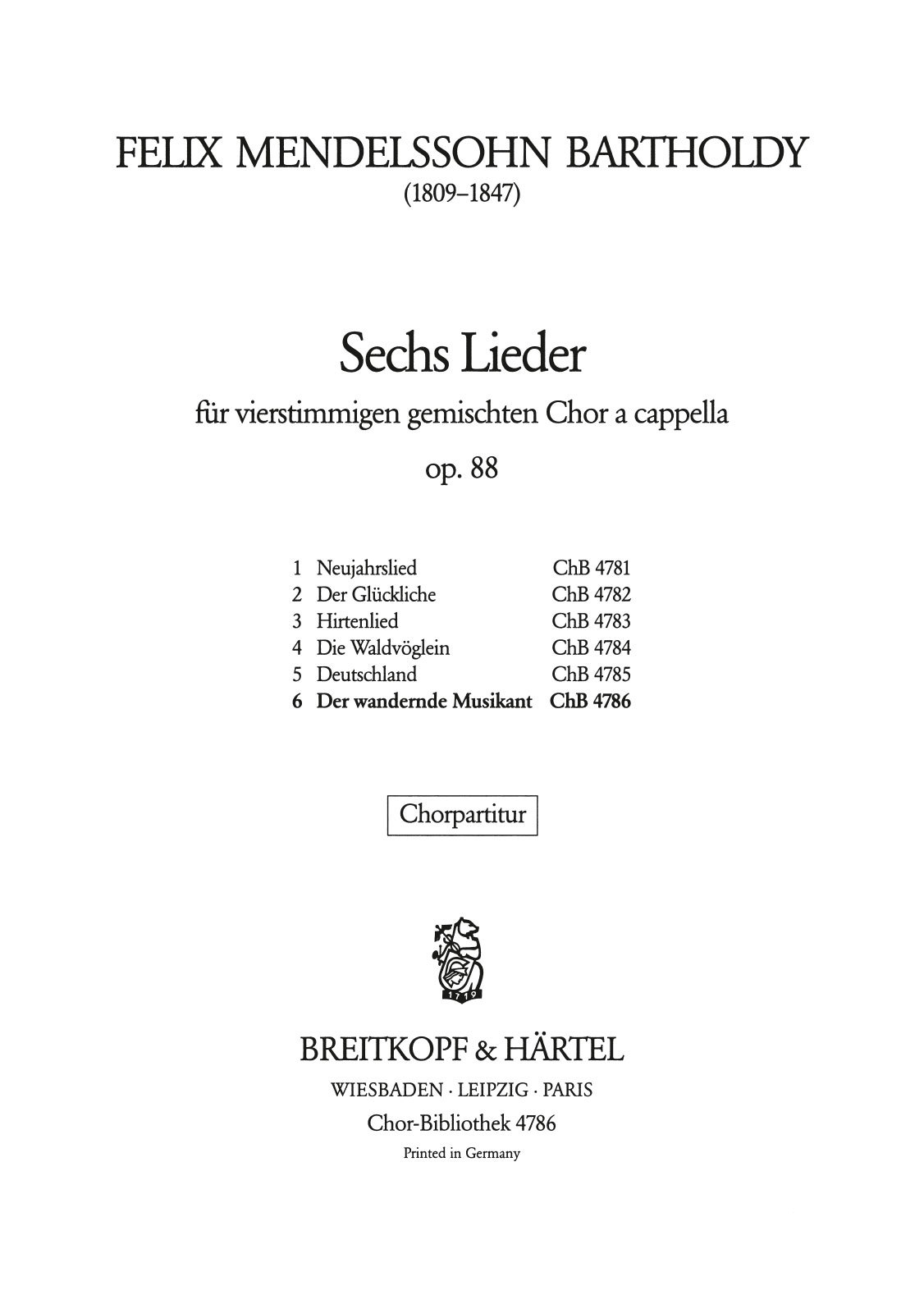 Mendelssohn Bartholdy 6 Lieder Op 88 Breitkopf Hartel