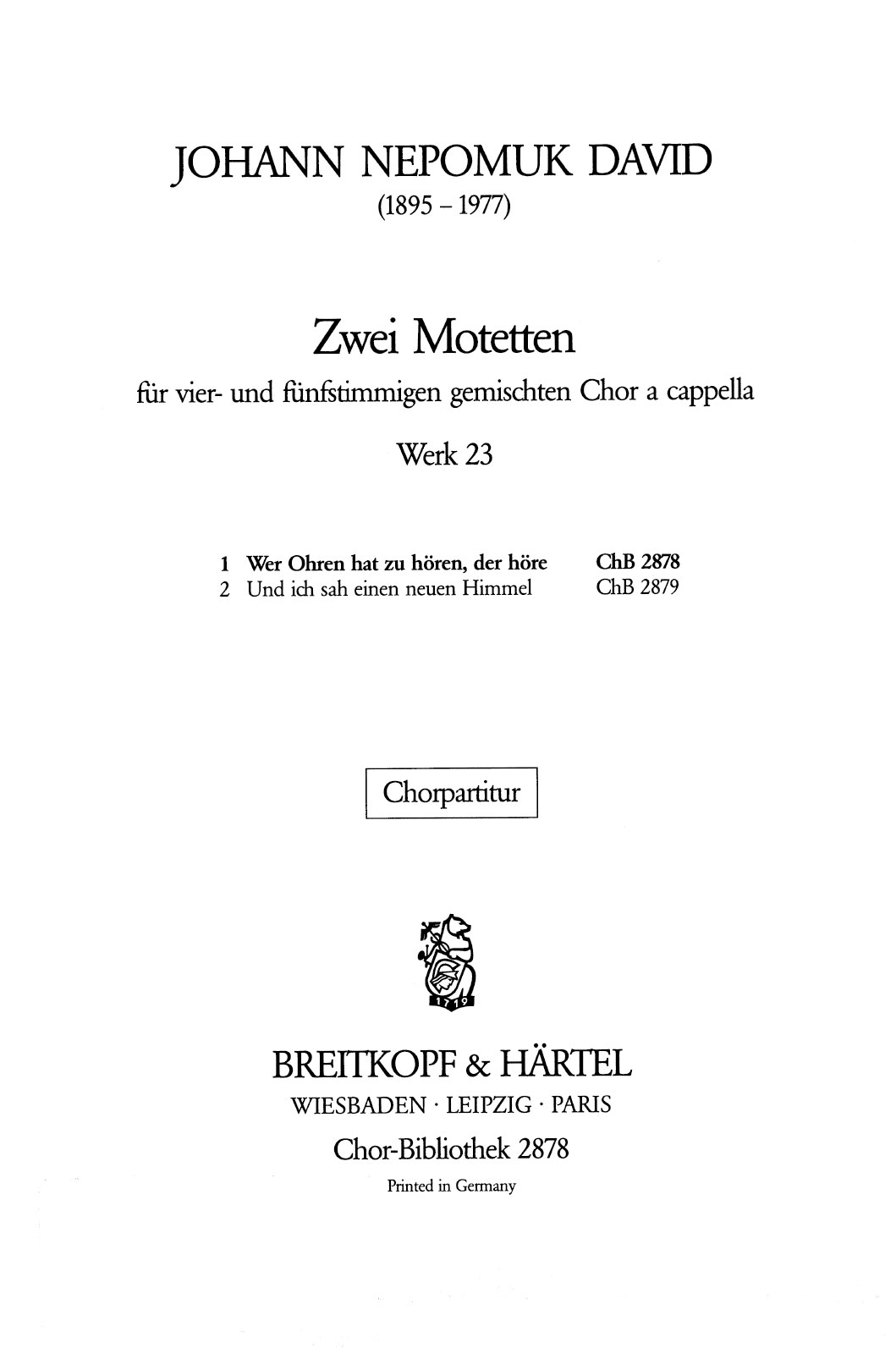 Johann Nepomuk David - 2 Motetten Werk 23 - Cover