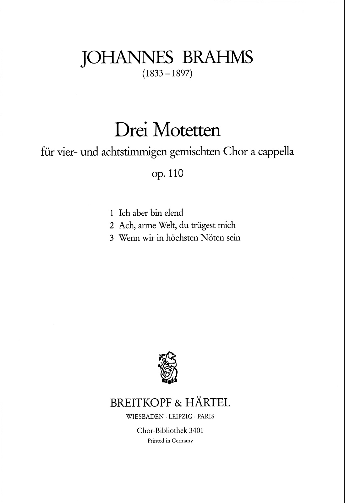 Johannes Brahms - 3 Motets Op. 110 - Cover