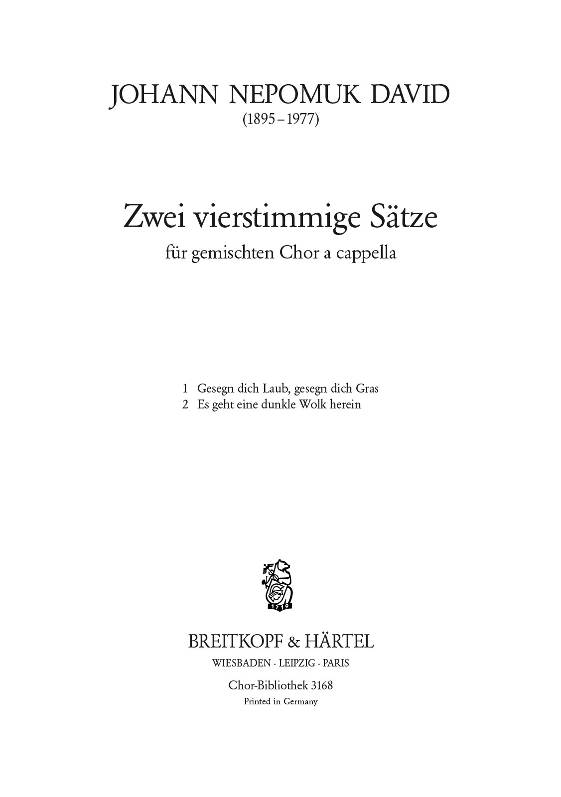 Johann Nepomuk David - 2 vierstimmige Sätze - Cover