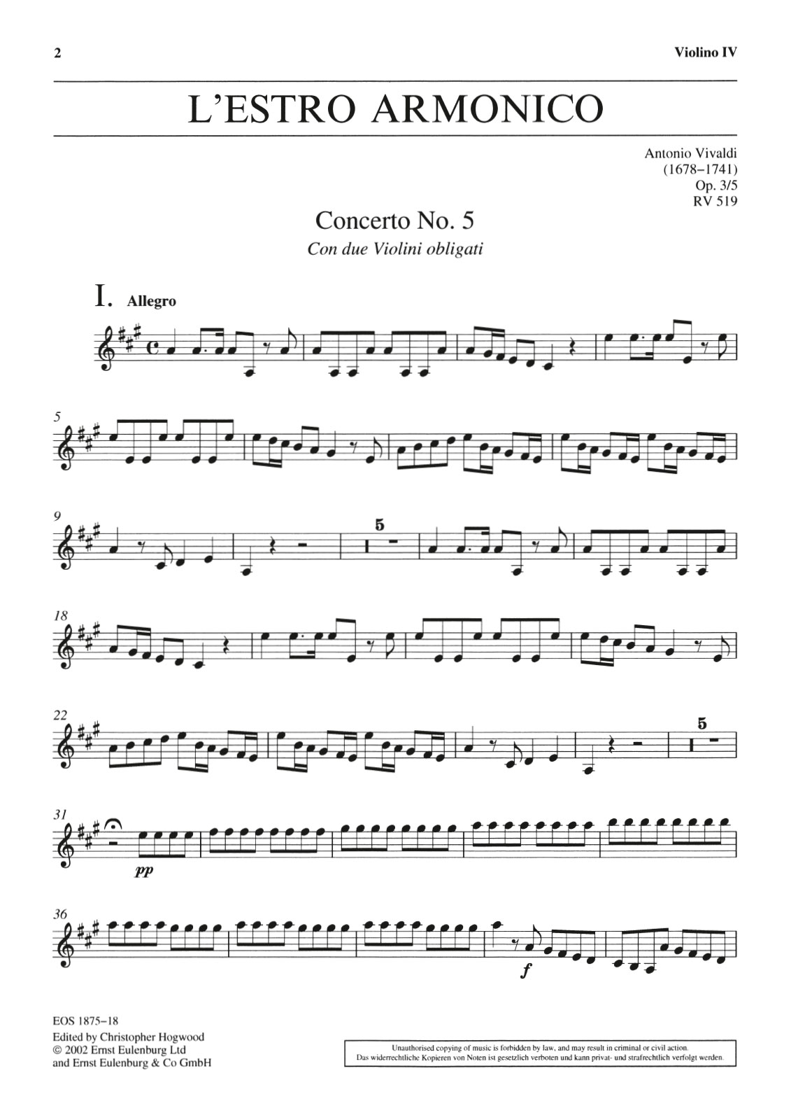 EOS 1875-18 - L’Estro Armonico op. 3/5 RV 519 - Cover