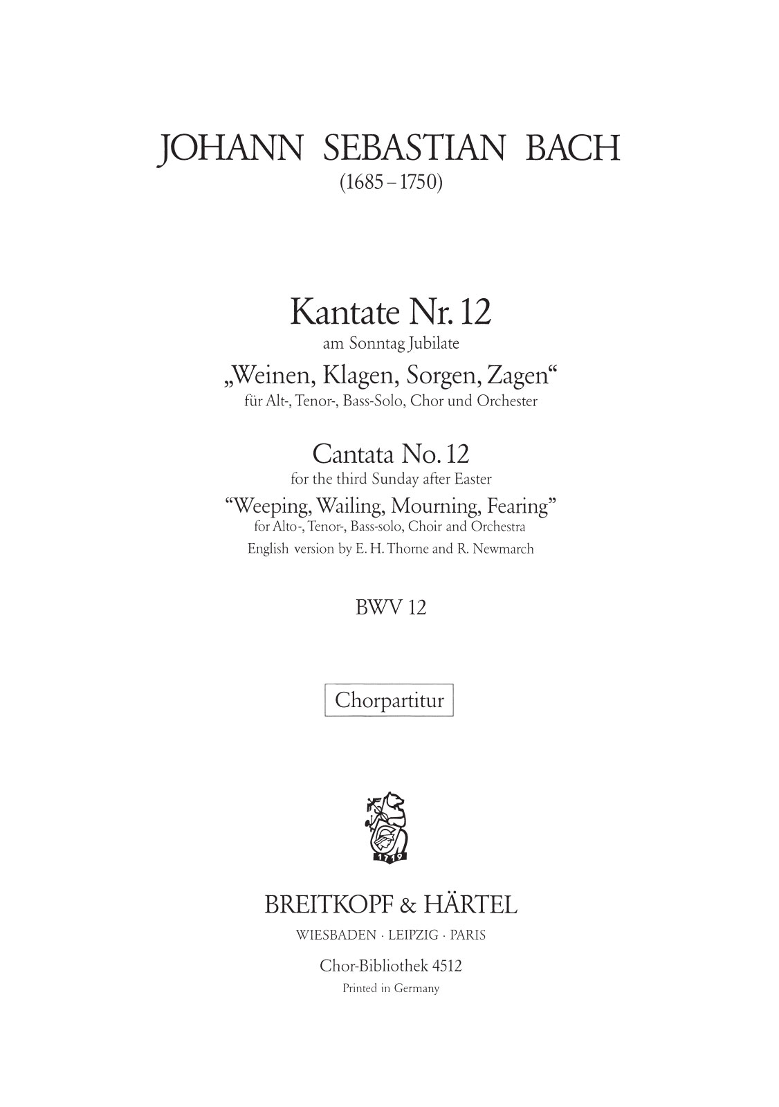 ChB 4512D - Kantate BWV 12 „Weinen, Klagen, Sorgen, Zagen“ - Cover
