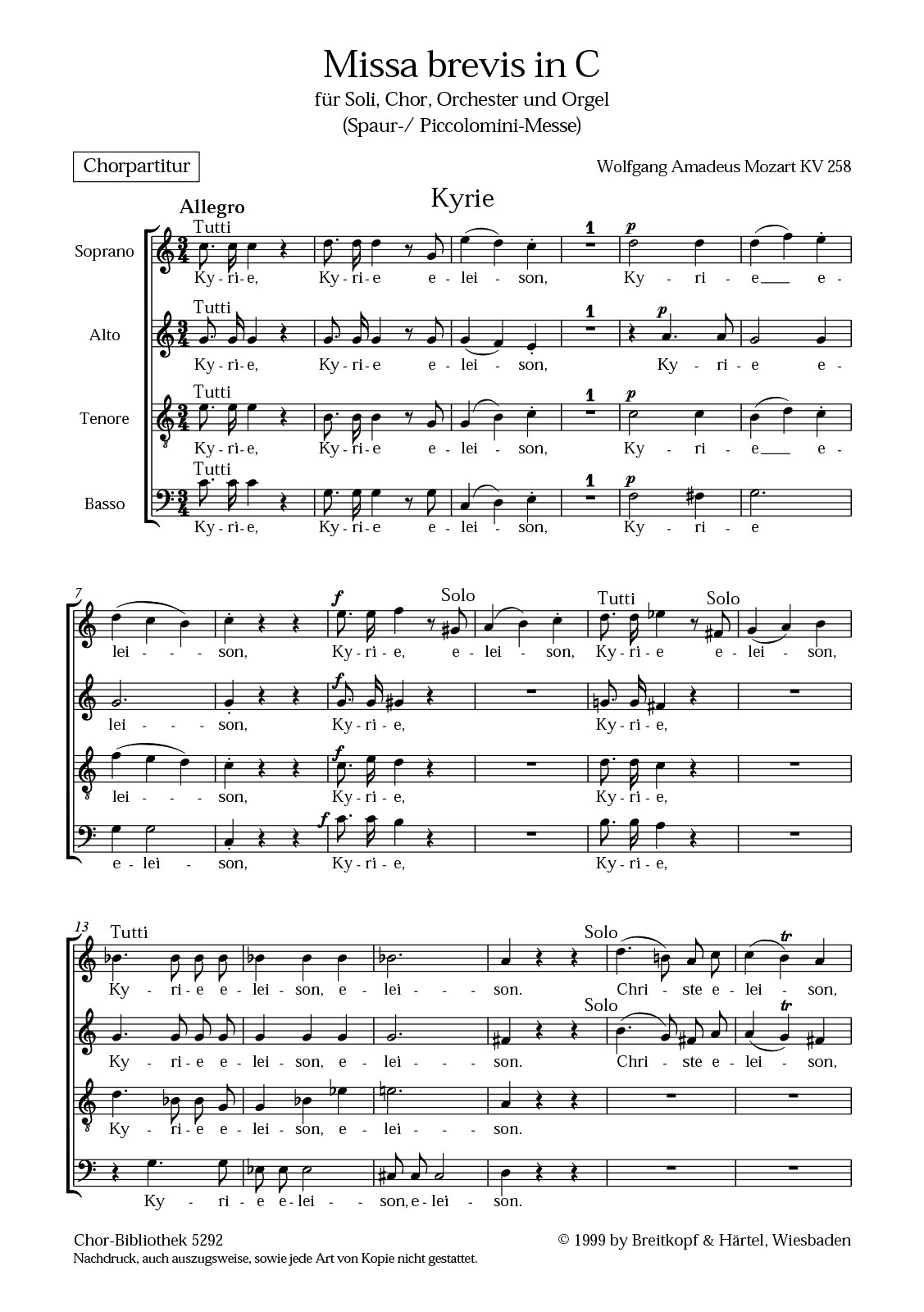 ChB 5292 - Missa brevis in C KV 258 - Cover