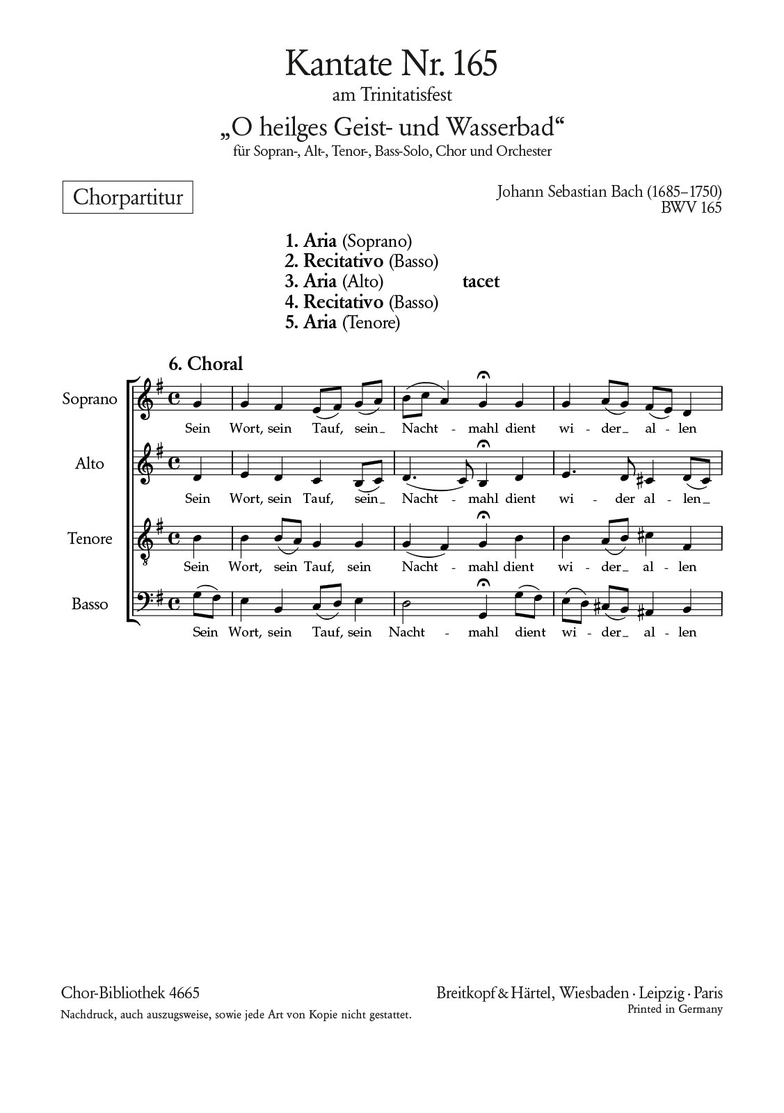ChB 4665 - Cantata BWV 165 “O heilges Geist- und Wasserbad” - Cover