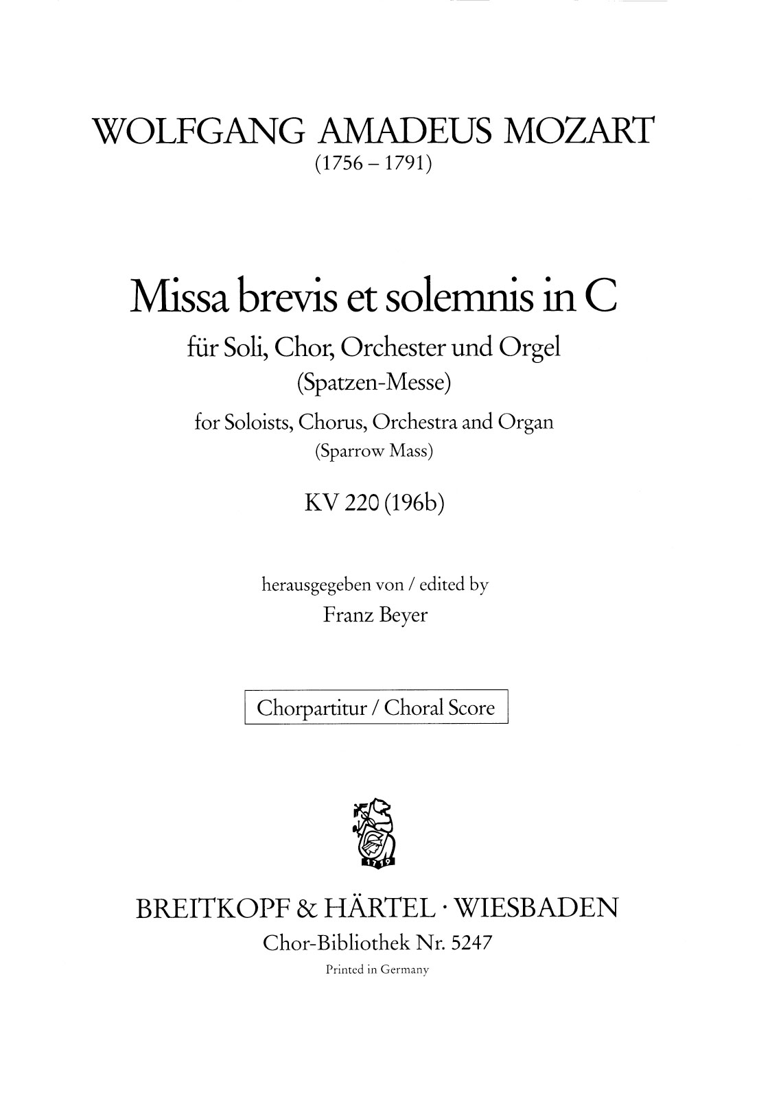 ChB 5247 - Missa brevis et solemnis in C KV 220 (196b) - Cover
