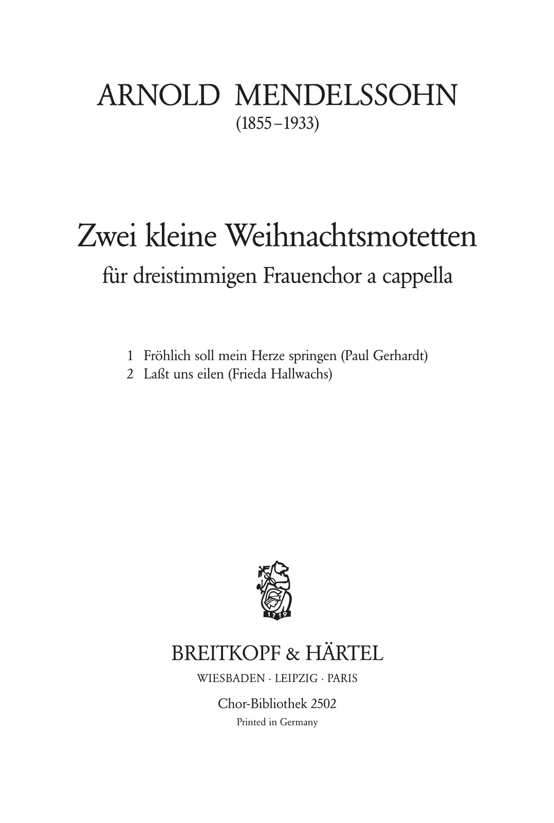 Arnold Mendelssohn - 2 kleine Weihnachtsmotetten - Cover