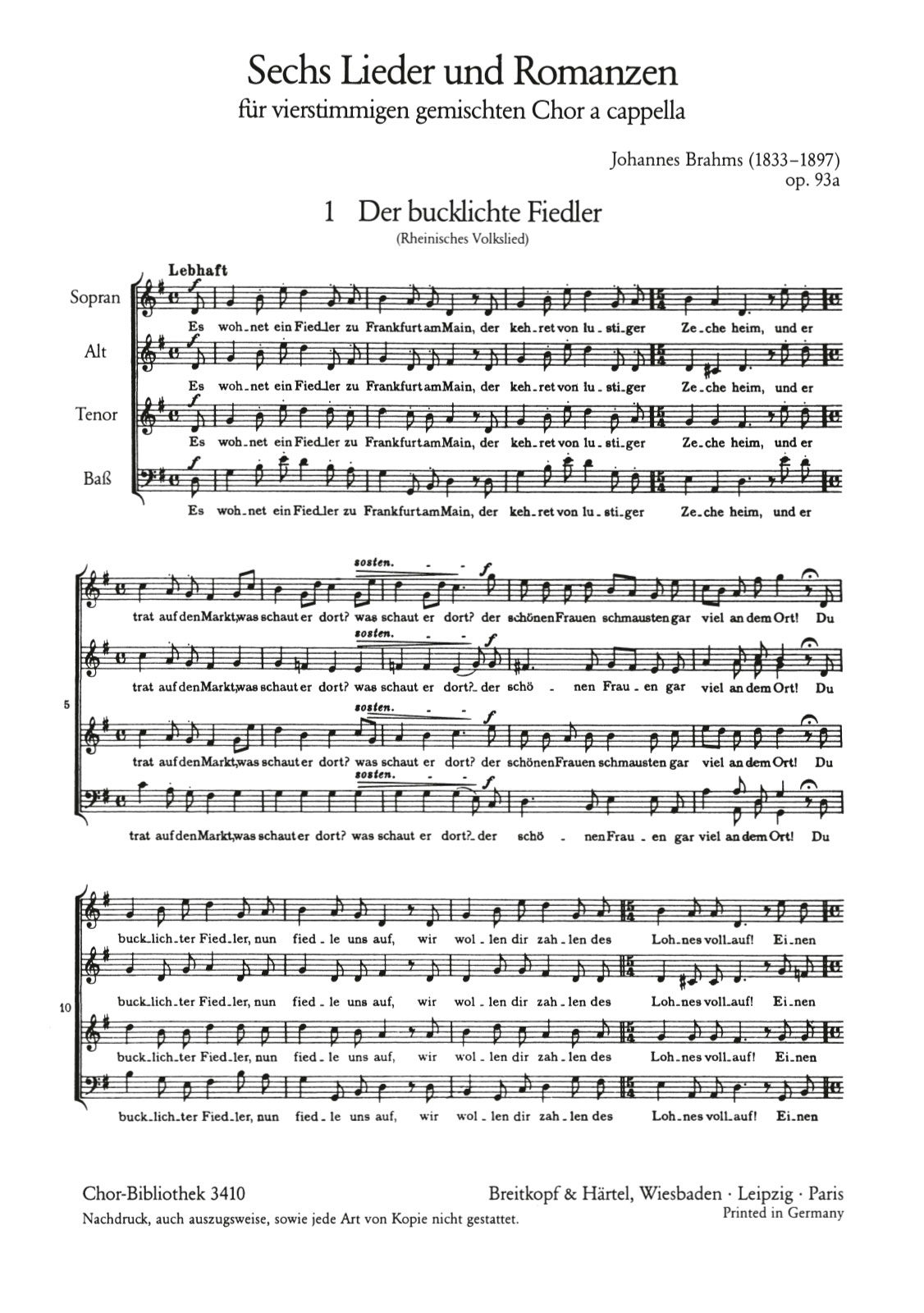 ChB 3410 - Johannes Brahms - 6 Songs and Romances Op. 93a - Cover