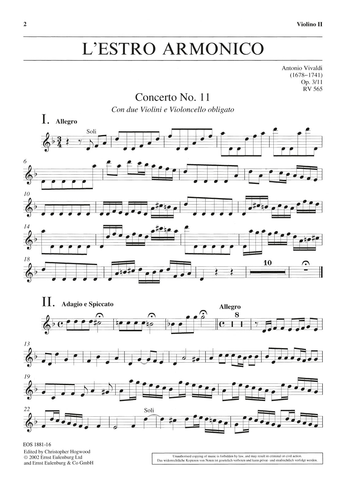 EOS 1881-16 - L’Estro Armonico op. 3/11 RV 565 - Cover
