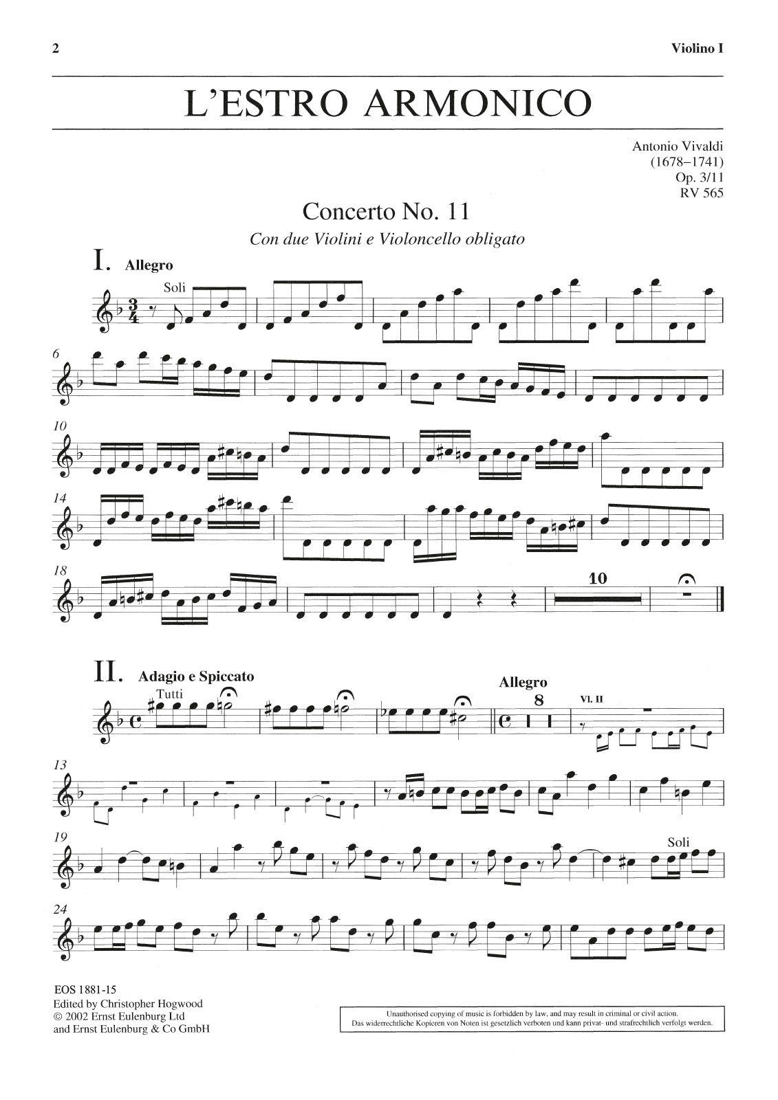 EOS 1881-15 - L’Estro Armonico op. 3/11 RV 565 - Cover