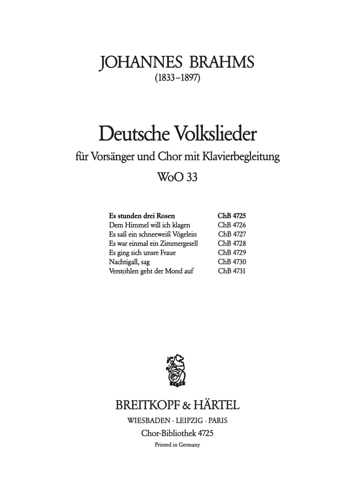 Johannes Brahms - Deutsche Volkslieder WoO 33 - Cover