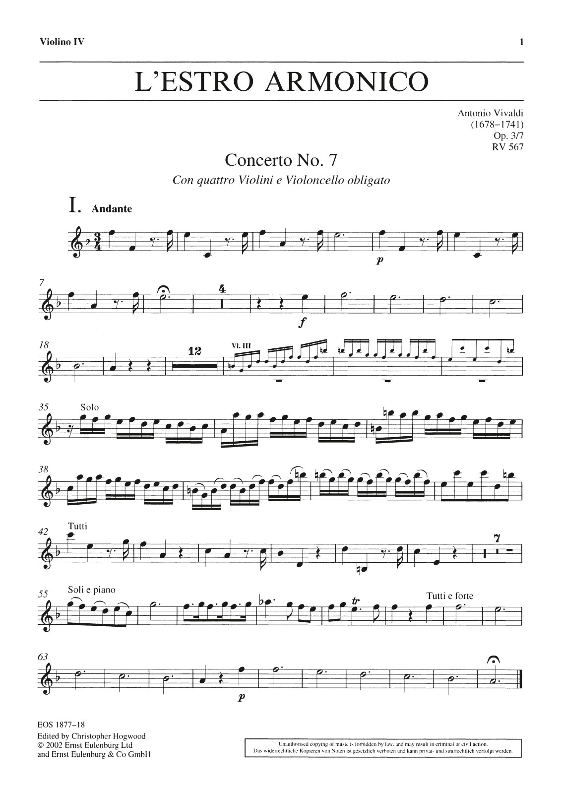 EOS 1877-18 - L’Estro Armonico op. 3/7 RV 567 - Cover