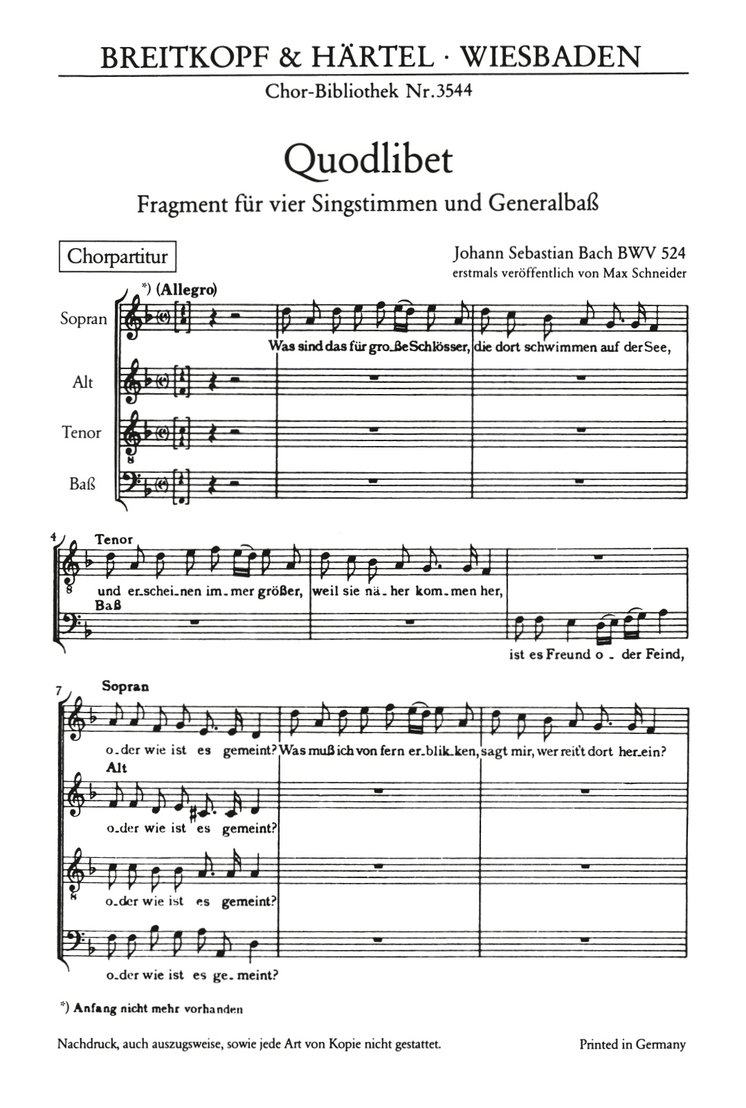 Johann Sebastian Bach - Quodlibet “Was sind das fuer grosse Schloesser” BWV 524 - Cover
