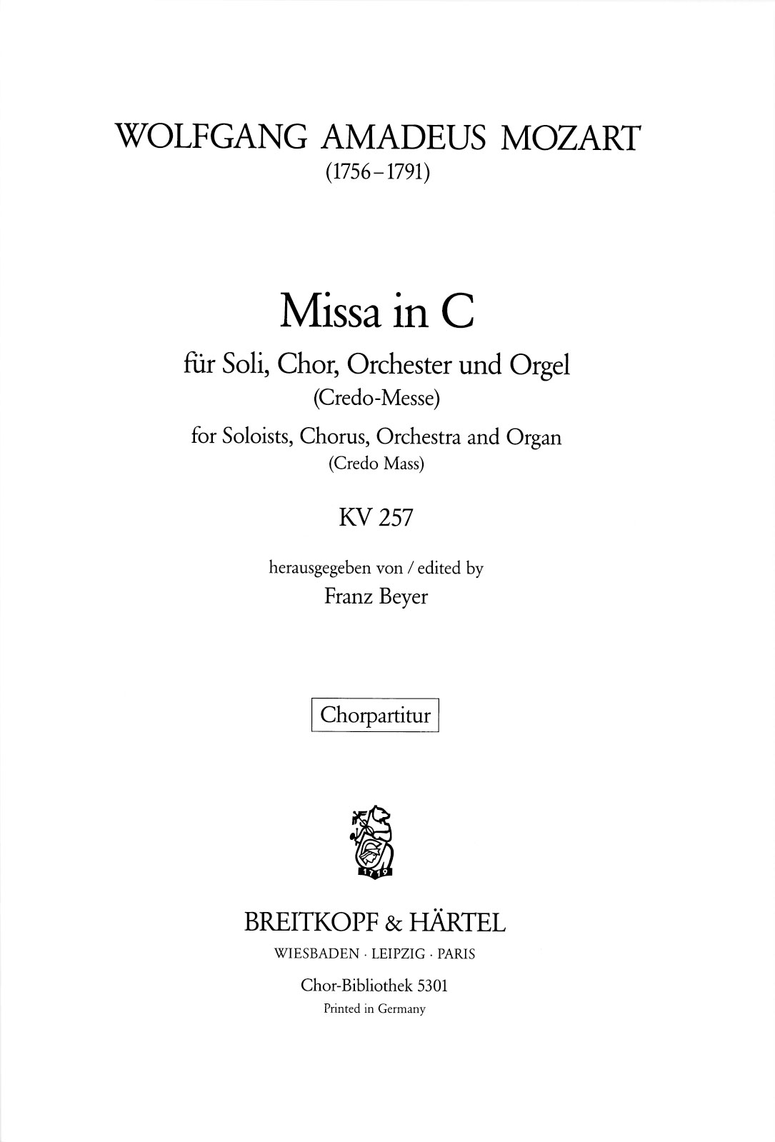 ChB 5301 - Missa in C KV 257 - Cover