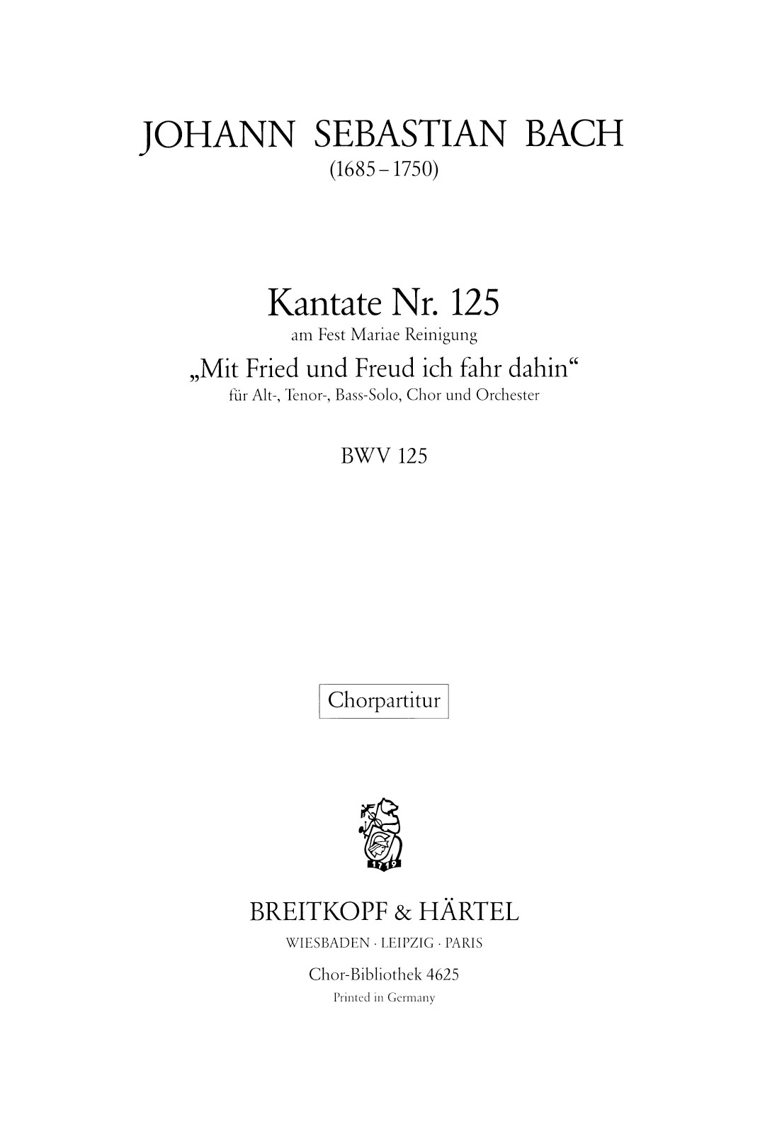 ChB 4625 - Kantate BWV 125 „Mit Fried und Freud ich fahr dahin“ - Cover