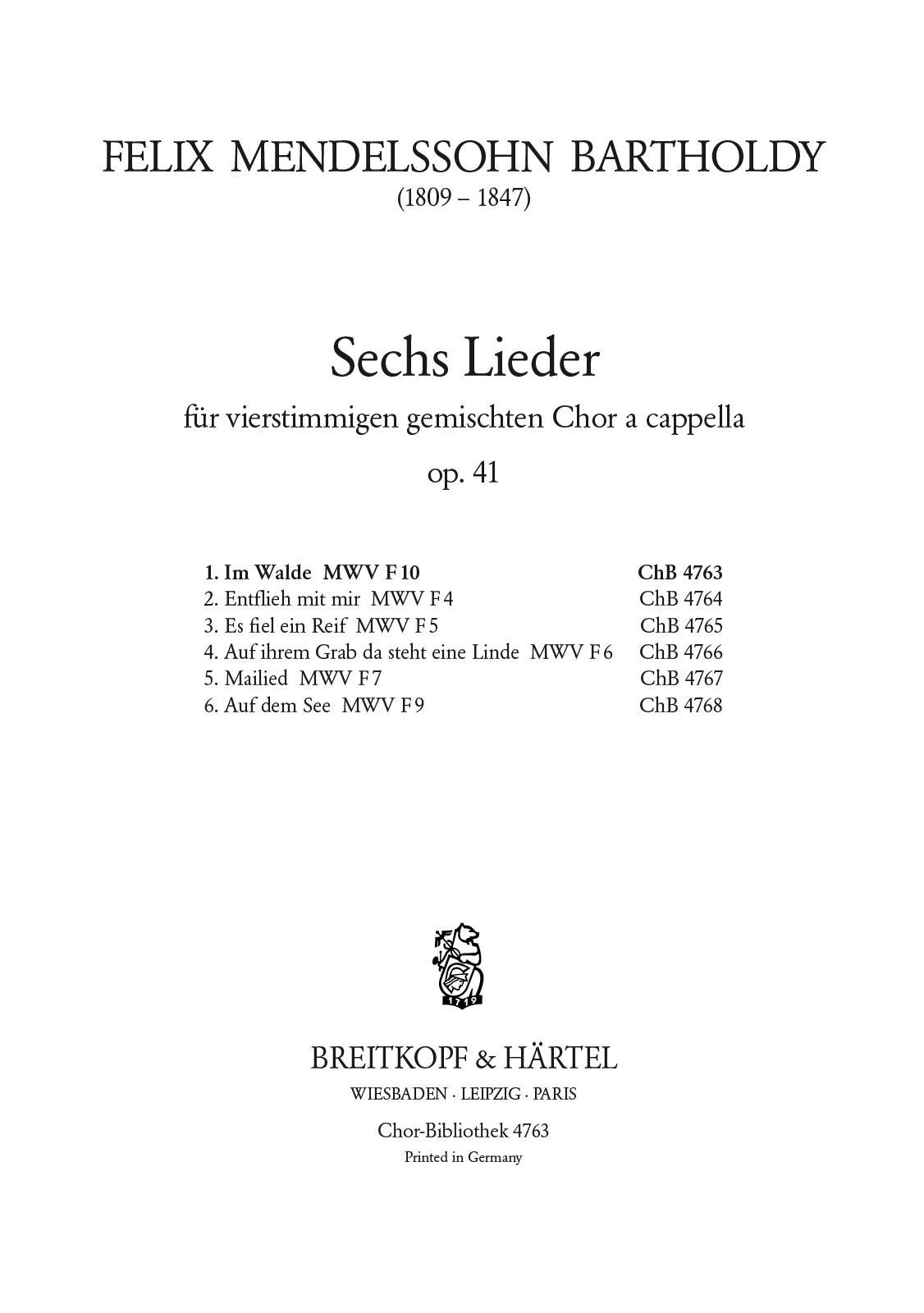 Felix Mendelssohn Bartholdy - 6 Lieder Op. 41 - Cover