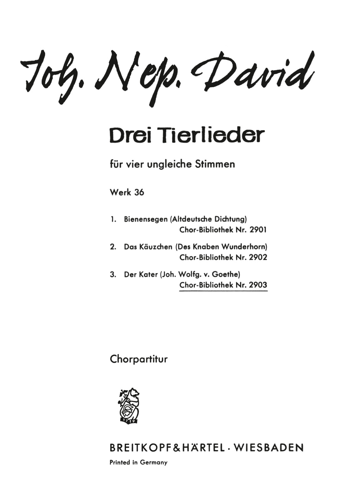 ChB 2903 - 3 Tierlieder Werk 36 - Cover