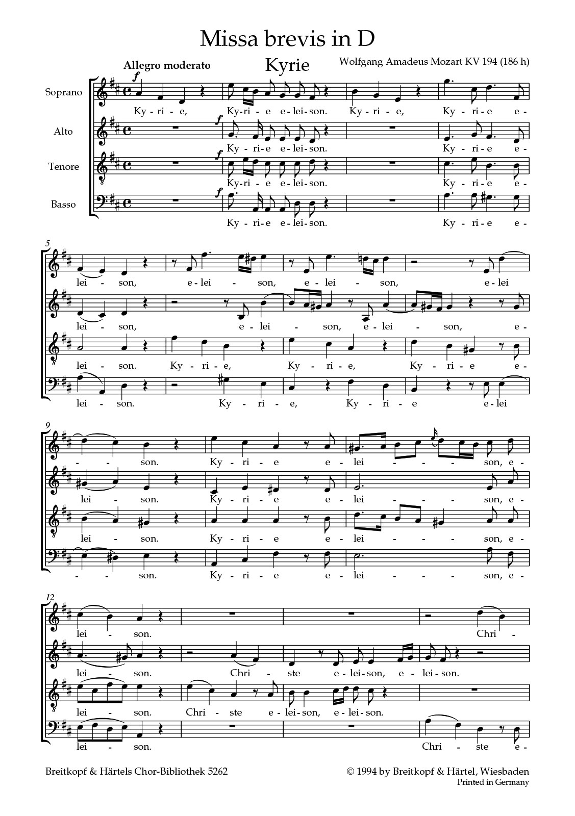 ChB 5262 - Missa brevis in D KV 194 (186h) - Cover