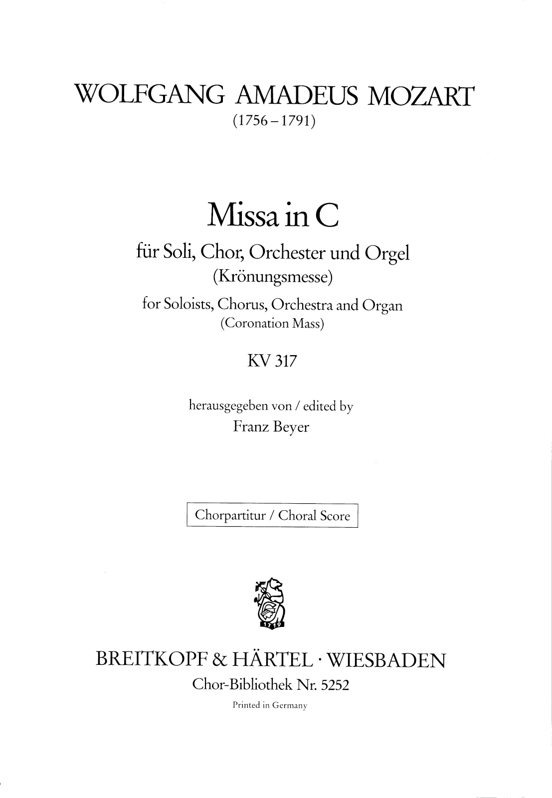 ChB 5252 - Missa in C KV 317 - Cover