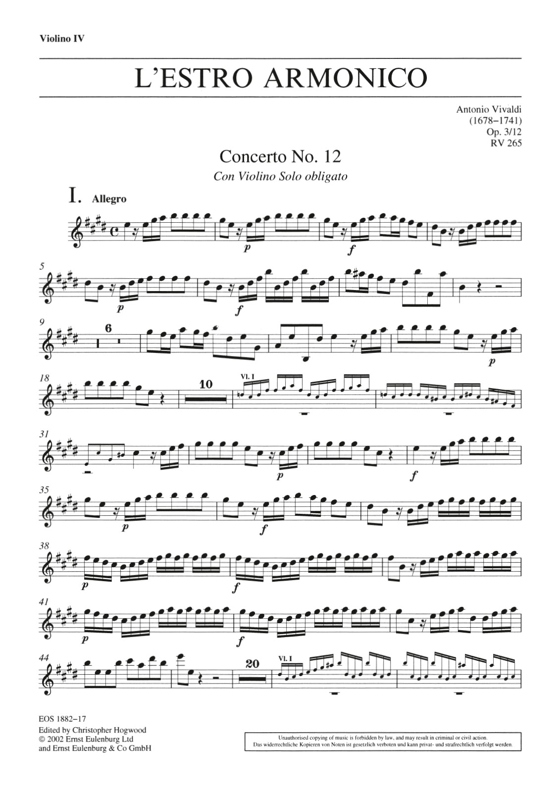 EOS 1882-18 - L’Estro Armonico op. 3/12 RV 265 - Cover
