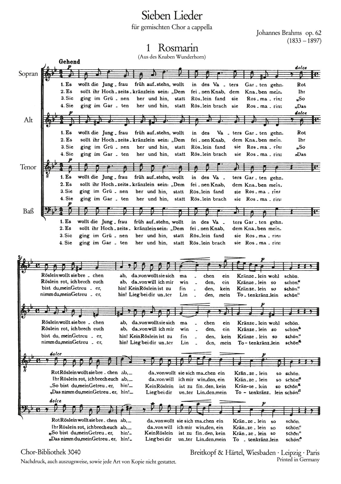 Johannes Brahms - 7 Songs Op. 62 - Cover