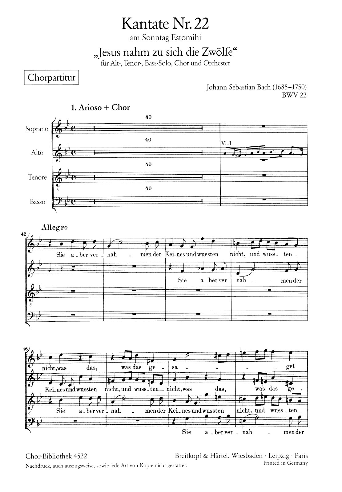 ChB 4522 - Cantata BWV 22 “Jesus nahm zu sich die Zwoelfe” - Cover