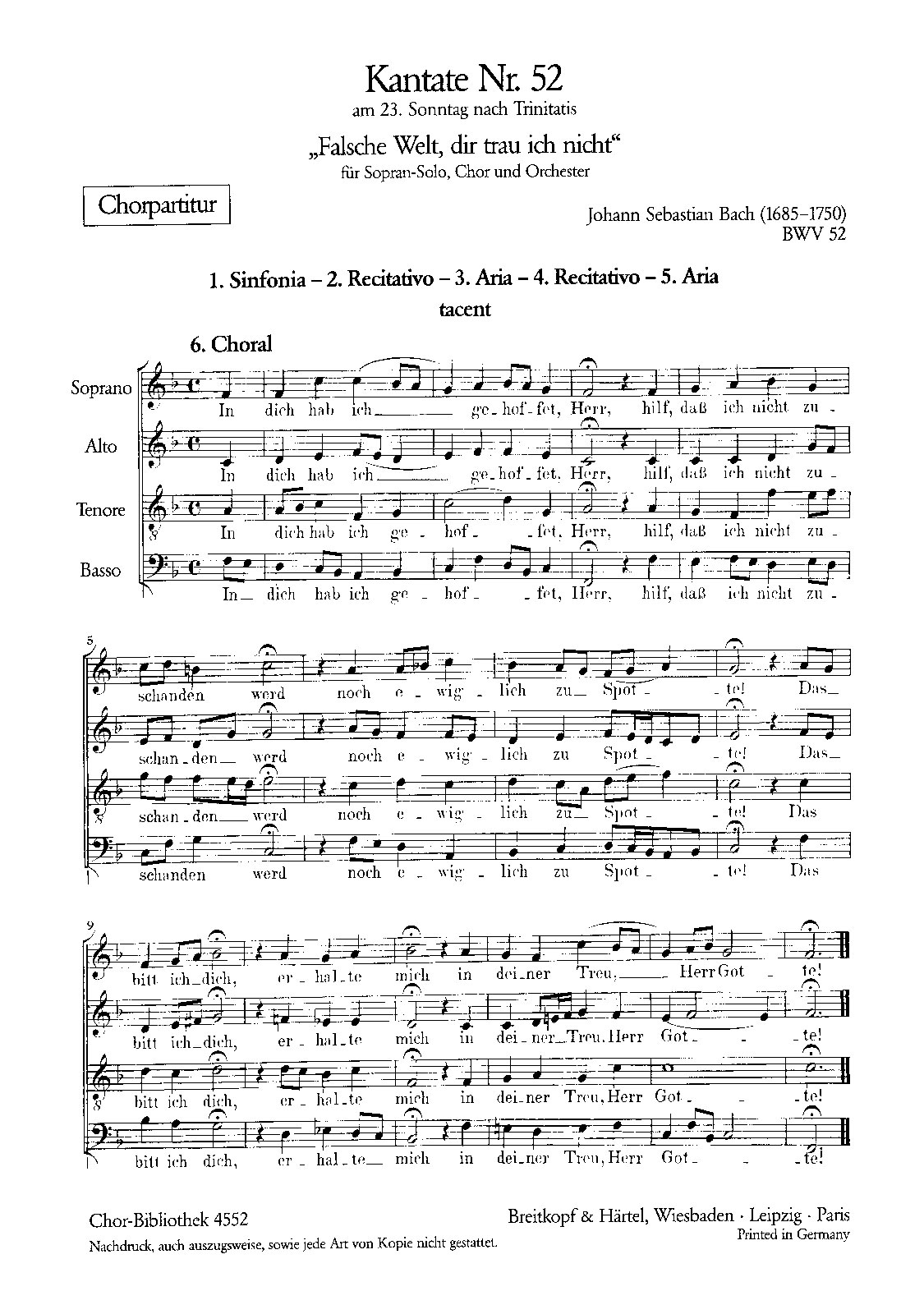 ChB 4552 - Cantata BWV 52 “Falsche Welt, dir trau ich nicht” - Cover