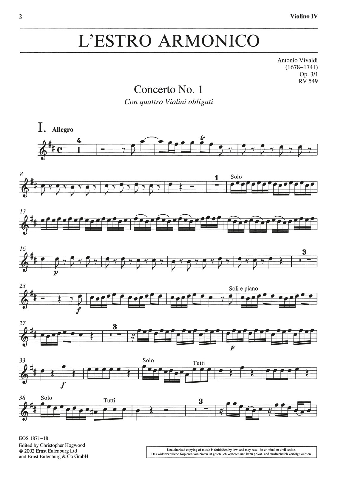 EOS 1871-18 - L’Estro Armonico op. 3/1 RV 549 - Cover