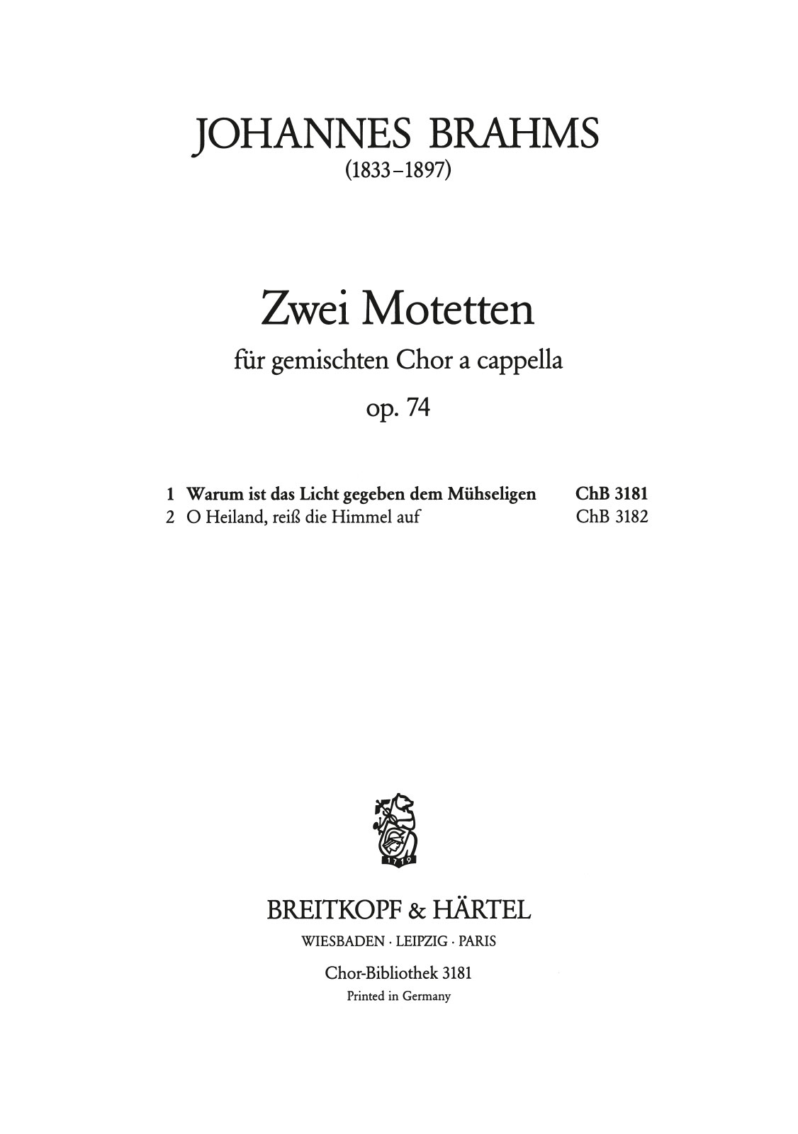 Johannes Brahms - 2 Motets Op. 74 - Cover