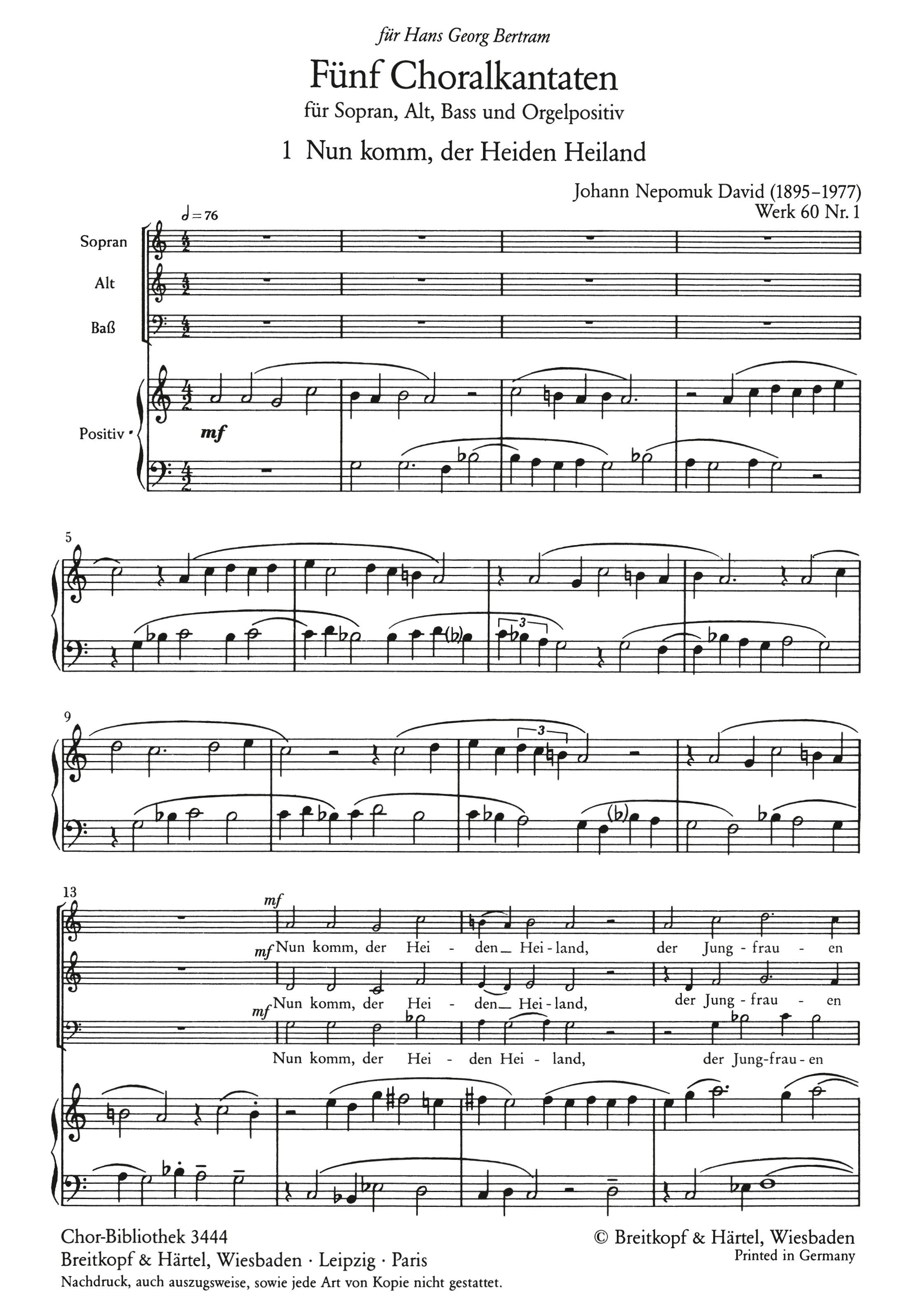 Johann Nepomuk David - 5 Choralkantaten Werk 60 - Cover