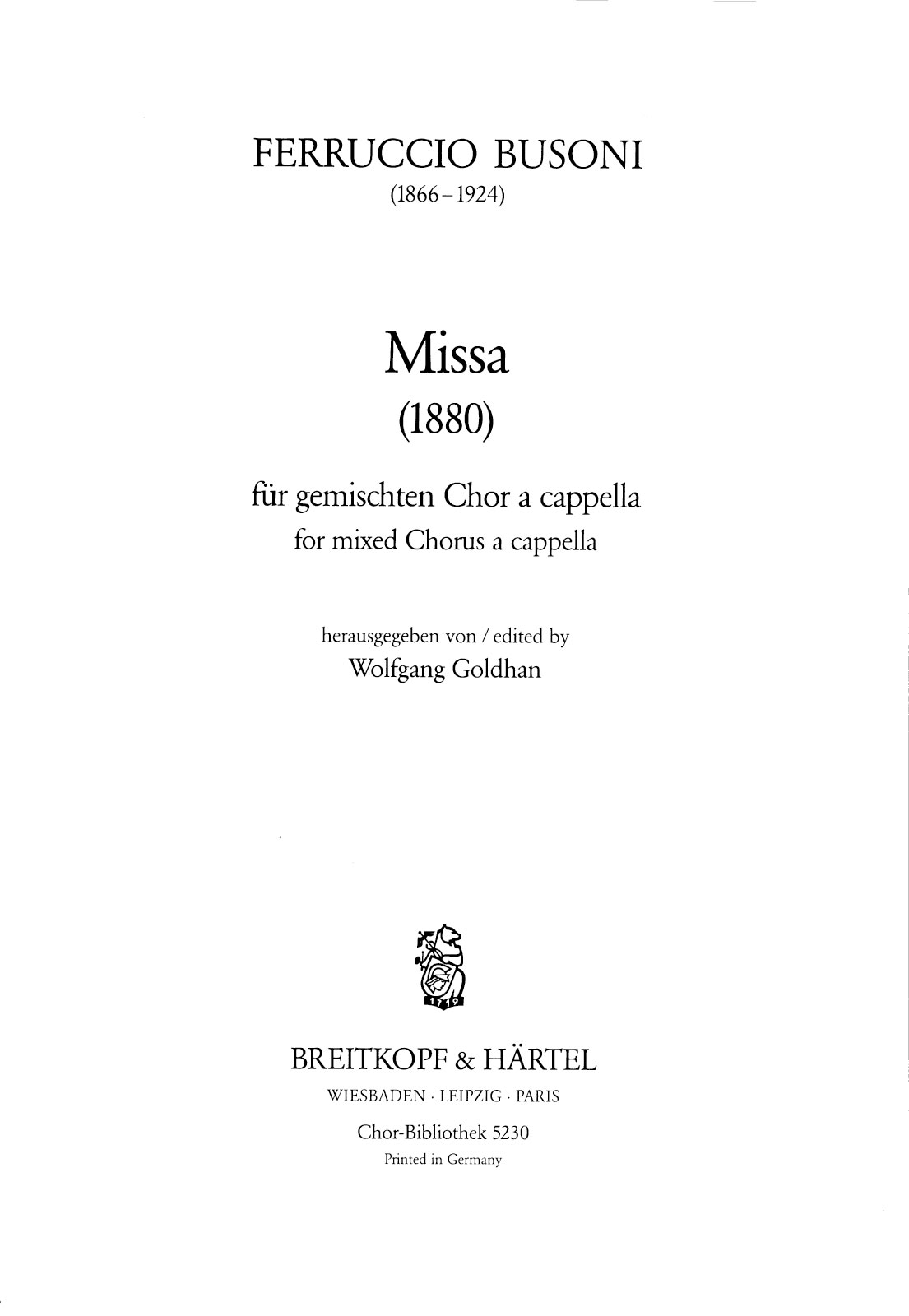 Ferruccio Busoni - Missa K 169 - Cover