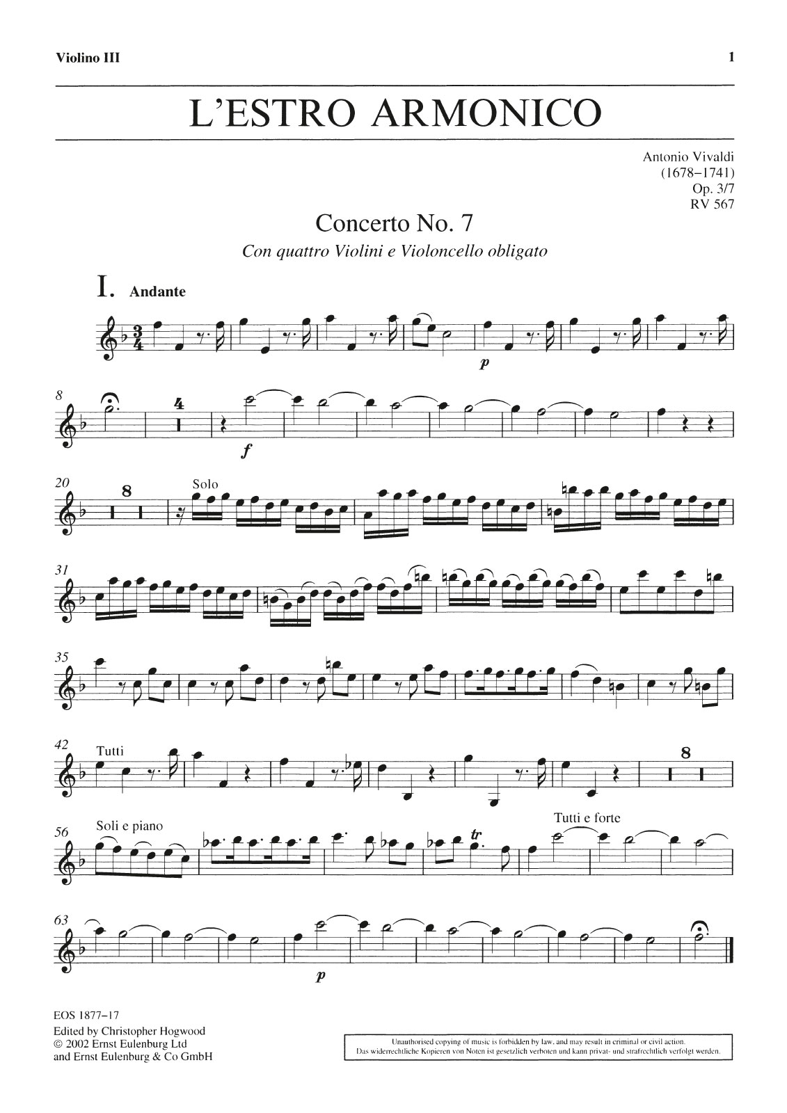 EOS 1877-17 - L’Estro Armonico op. 3/7 RV 567 - Cover