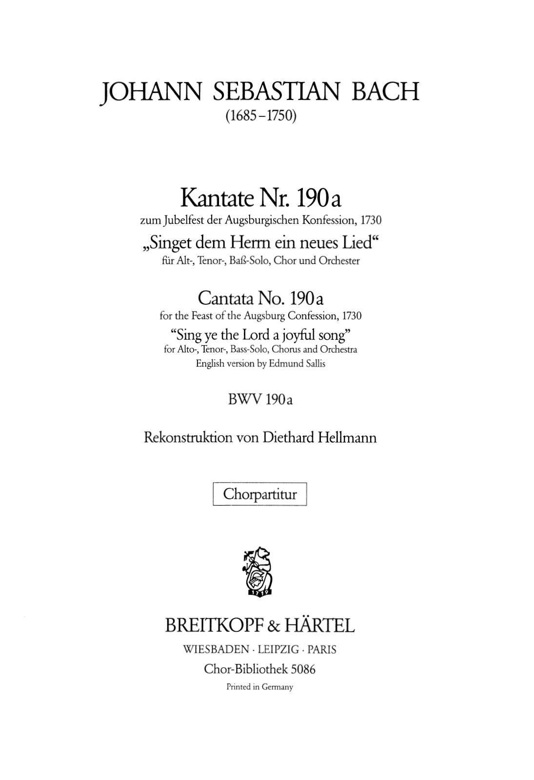 ChB 5086 - Cantata BWV 190a “Sing ye the Lord a joyful song” - Cover