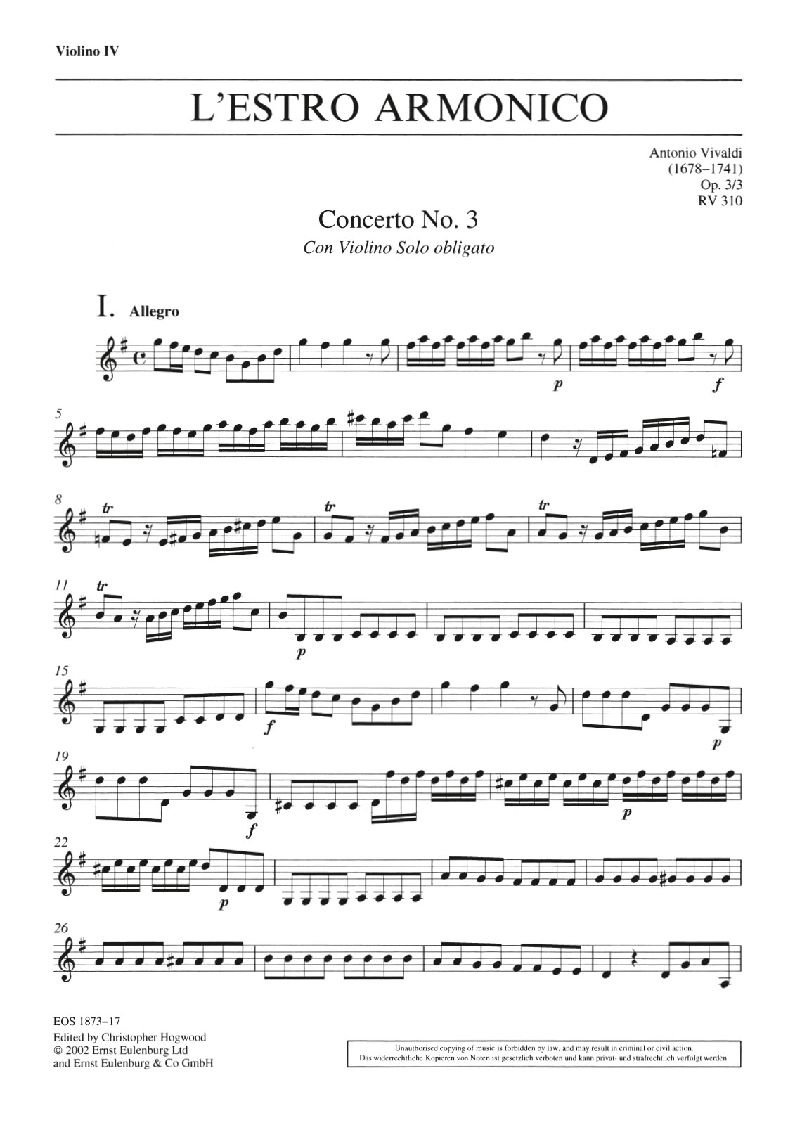 EOS 1873-18 - L’Estro Armonico op. 3/3 RV 310 - Cover